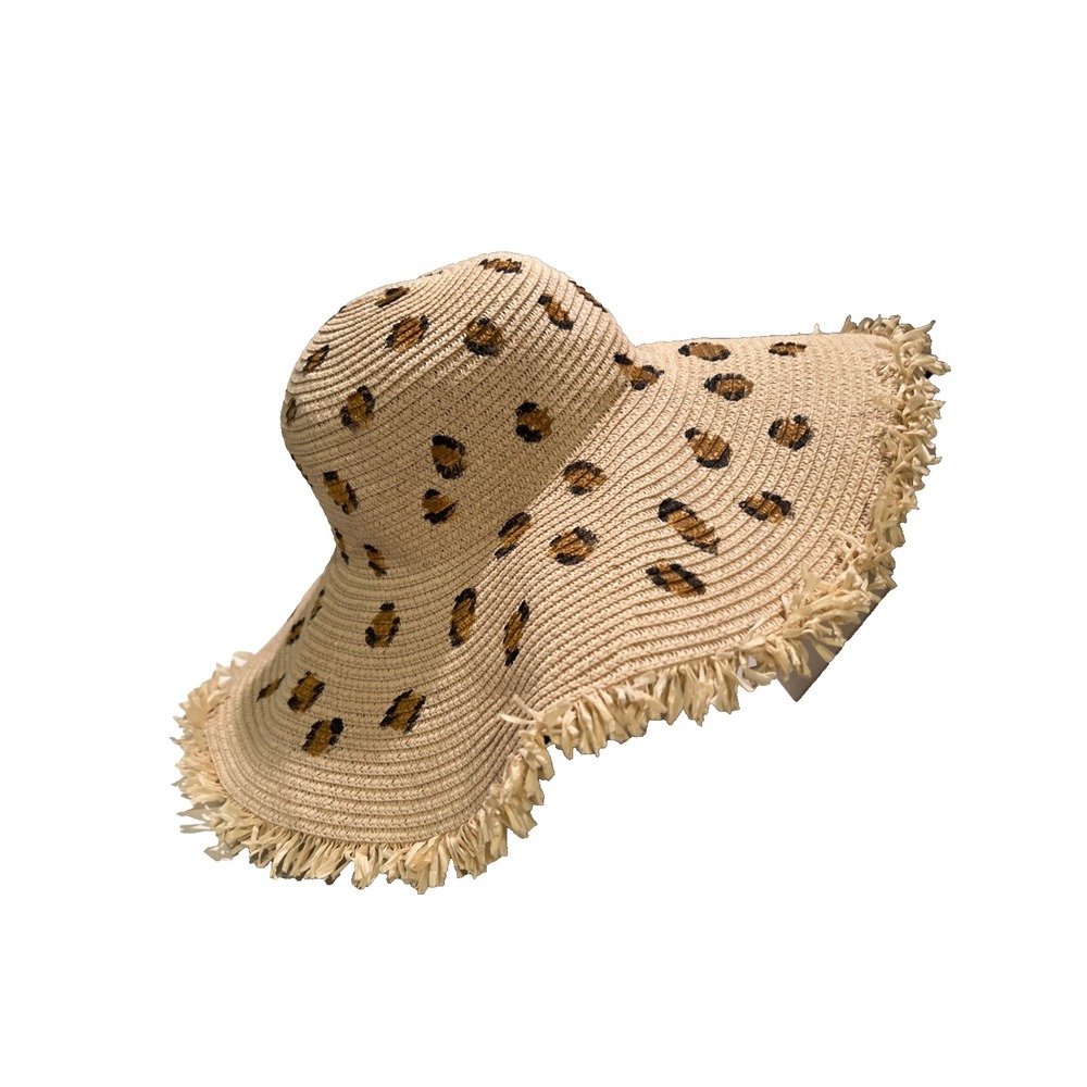 Packable Beachy Woven Straw Floppy Sun Hat Playful Leopard Frayed Edge Resort